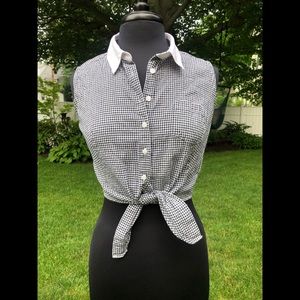 Black and white plaid collared tie up shirt